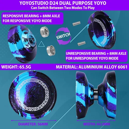 Miniatura 3 de YOYOSTUDIO D24 Yoyo profesional – Yoyo de metal sensible y no responde para trucos de giro de dedos, kit completo de accesorios con kit