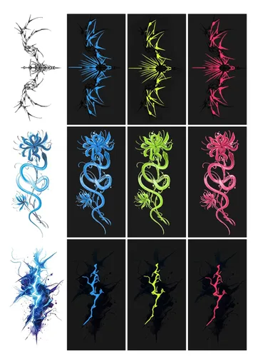 Miniatura 9 de Kotbs 9 hojas de tatuajes temporales que brillan en la oscuridad para mujeres y hombres, alas de serpiente florales de neón UV, tatuajes falsos