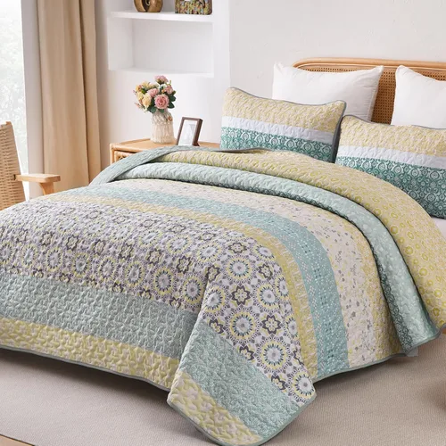 Miniatura 24 de WONGS BEDDING Juego de edredón bohemio tamaño Queen, juego de colcha de retazos a rayas bohemias aguamarina con 2 fundas de almohada, juego de ropa