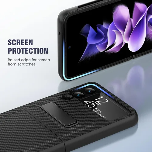 Miniatura 8 de Caka Compatible para Galaxy Z Flip 3 5G con soporte de patas, Funda para Z Flip 3 con protector de cámara, protección de bisagras y carga Negro