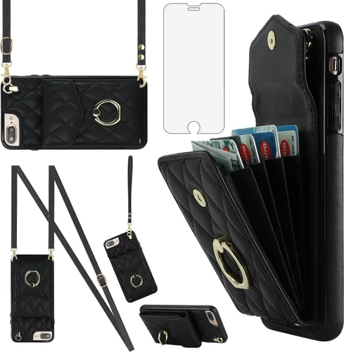 Asuwish Funda de teléfono para iPhone 7plus 8plus 7/8 Plus, funda tipo cartera con protector de pantalla de vidrio templado y anillo cruzado con