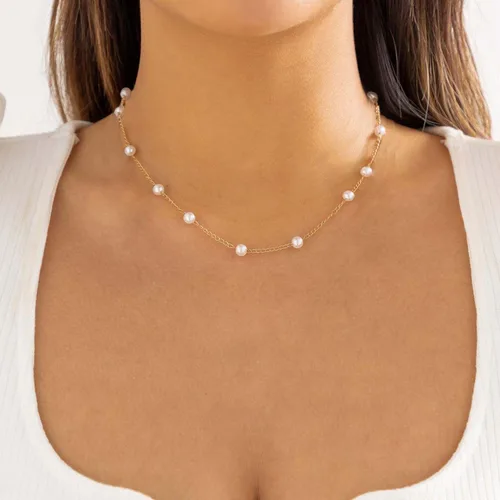 Miniatura 4 de Delicados collares de perlas para mujer, chapado en oro de 14 quilates, collar de perlas en capas, gargantilla de perlas simples, regalo de joyería