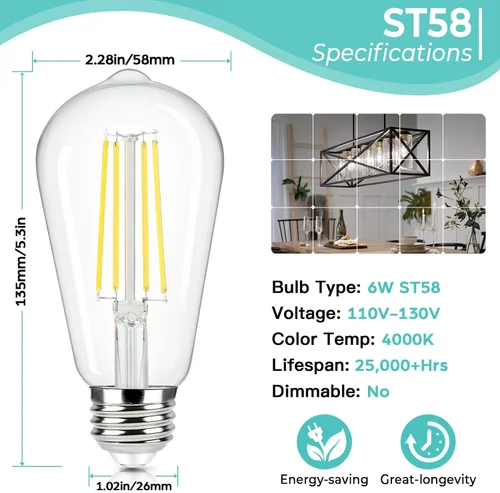 Miniatura 2 de Brightever Bombillas LED E26 Edison equivalentes a 60 W, ST58 de 6 W, súper brillantes, 4000 K, luz diurna neutra, bombillas vintage, bombillas