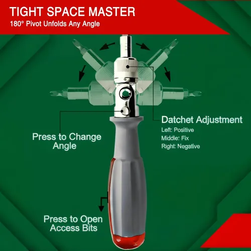 Miniatura 5 de Juego de destornilladores de trinquete 10 en 1 con cabezal giratorio de 180°, puntas magnéticas, diseño todo en mango, herramienta compacta