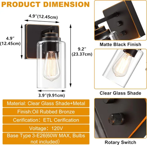 Miniatura 3 de Pia Ricco Juego de 2 apliques de pared, lámparas de pared con interruptor para dormitorio, modernas lámparas de baño con pantalla de vidrio Bronce