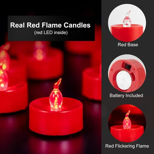 Miniatura 4 de Paquete de 24 velas de té con llama parpadeante roja (fuente de luz LED roja), velas que funcionan con pilas para Navidad, boda, fiesta, día de San