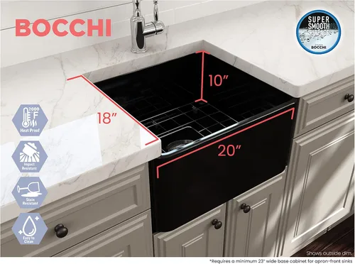 Miniatura 3 de BOCCHI Classico Farmhouse Fregadero de cocina de arcilla refractaria con frente de delantal de 20 pulgadas, un solo tazón con rejilla protectora