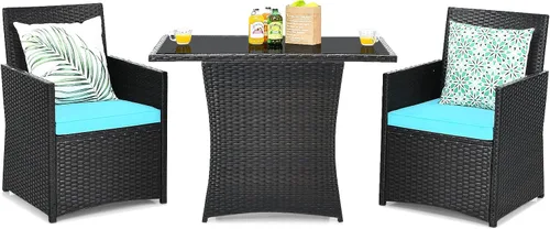 Miniatura 16 de Tangkula Patiojoy - Juego de comedor de 3 piezas de ratán PE que ahorra espacio, con mesa superior de vidrio templado y sillas acolchadas, juego