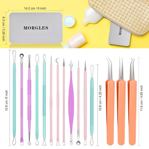 Miniatura 7 de MORGLES Herramientas para eliminar puntos negros, 15 piezas, kit de herramientas para reventar espinillas, extractor de espinillas de comedón