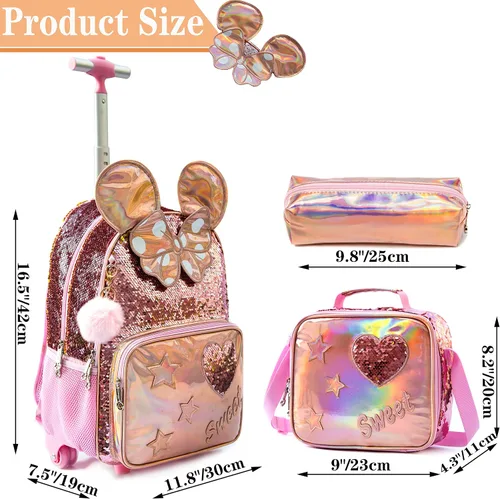 Miniatura 2 de Mochila con ruedas para niñas mochila escolar con fiambrera para estudiantes de primaria ruedas y equipaje 05 3pcs Rolling Backpack