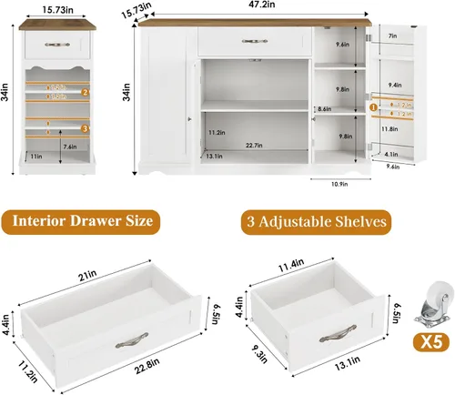 Miniatura 3 de HOSTACK Carrito de Isla de Cocina con Almacenamiento, Isla de Almacenamiento de Cocina de 47'' sobre Ruedas con 2 Cajones, Mesa de Isla Rodante