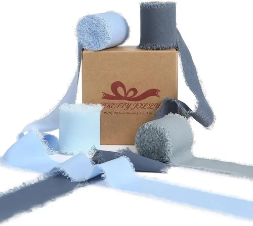 Miniatura 10 de Pretty Jolly Cinta de gasa beige para envolver regalos, 3 rollos de 2 pulgadas x 7 yardas, cinta de tela de seda hecha a mano con flecos para ramo