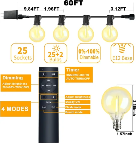 Miniatura 5 de Cadena de luces LED para exteriores de 40 pies, impermeables, luces LED G40 de globo para exteriores para patio con 27 bombillas Edison vintage a