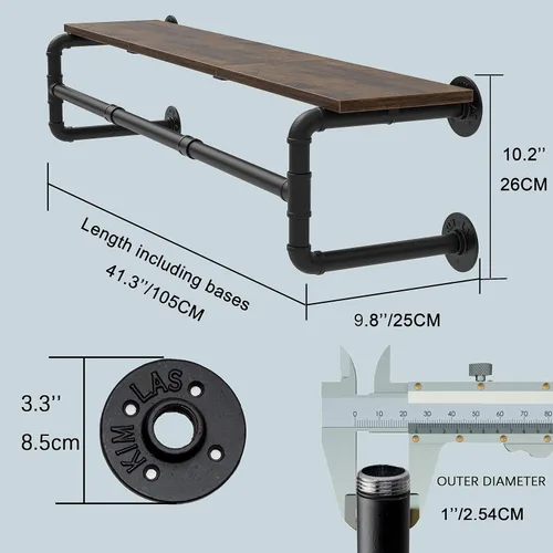 Miniatura 7 de Perchero de tubo industrial con estante superior y 3 ganchos, perchero de ropa montado en la pared de 41" de largo, barra de ropa de hierro