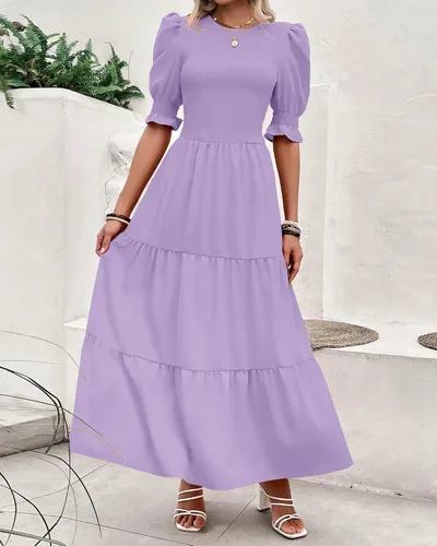 Miniatura 140 de BTFBM Vestidos para mujer, cuello redondo, casual, de verano, con volantes, manga corta, bohemio, con niveles, fruncido, largo, con estampado floral