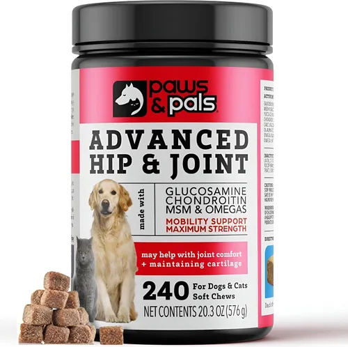 Paws & Pals Glucosamina condroitina MSM para perros, 240 unidades, suplemento masticable suave para la movilidad de cadera y articulaciones, alivio