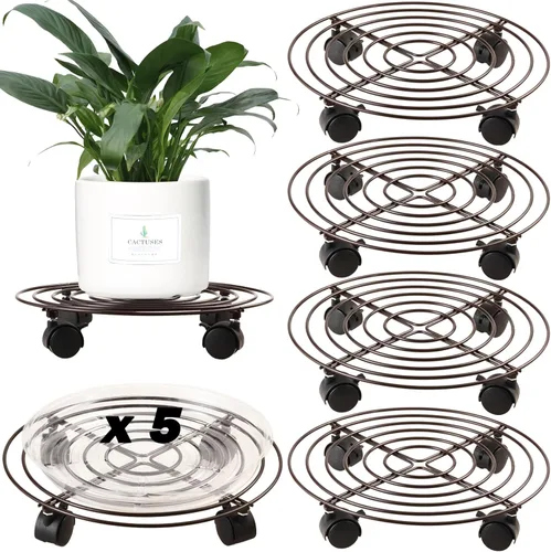 Miniatura 11 de Paquete de 5 cestas de metal para plantas de 11.8 pulgadas con ruedas, soporte de hierro forjado resistente con ruedas para uso en interiores