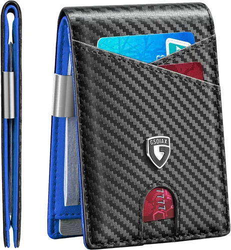 GSOIAX Cartera delgada de cuero plegable RFID para hombre, cartera minimalista con bolsillo frontal con clip para dinero, 12 ranuras para tarjetas,