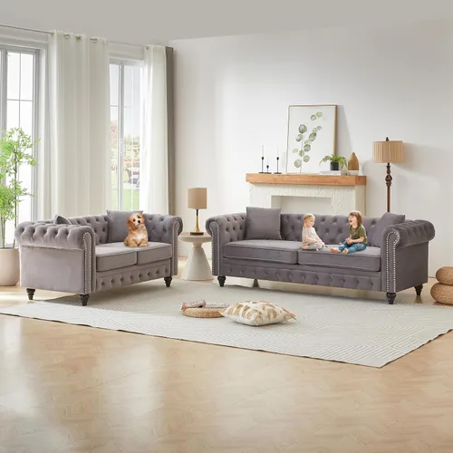 Miniatura 9 de Juego de 2 sofás Chesterfield de terciopelo de 85.5 pulgadas, 3 plazas + 63.5 pulgadas, sofá moderno con brazos enrollados y 2 cojines para sala