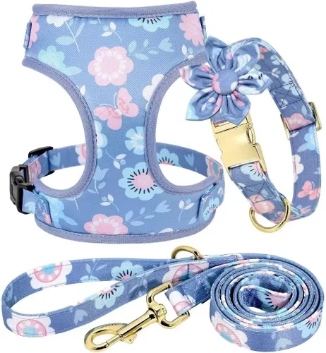 Miniatura 8 de Beirui Collares, arneses y correas lindos para perritas, conjunto - Collar y correa ajustable para perros con flores - Arnés de malla suave