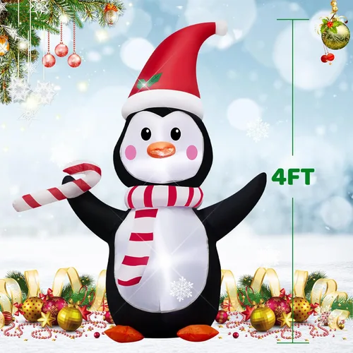 Miniatura 2 de AJY Pingüino inflable de Navidad de 4 pies con luces LED de dulce para decoración navideña inflable para interiores y exteriores, patio, césped