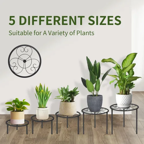Miniatura 3 de Juego de 5 estantes de metal para plantas en maceta, estantes resistentes para plantas de diferentes tamaños, estantes de flores de hierro, Negro
