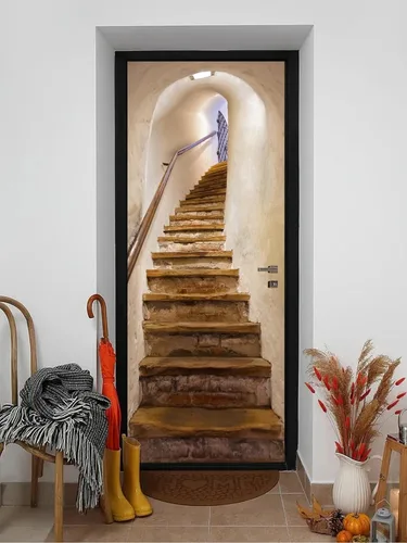 Miniatura 2 de artfanke Adhesivos 3D para puerta, 30.3 x 78.7 pulgadas, papel tapiz de piedra para puerta de escalera de piedra, calcomanías autoadhesivas