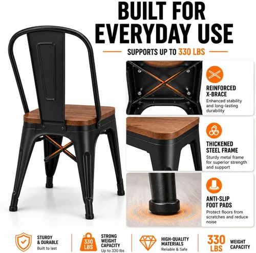 Miniatura 8 de Sillas de comedor de metal de 18 pulgadas, juego de 4 sillas de granja Arlunar, sillas de comedor negras apilables con respaldo y asiento de madera