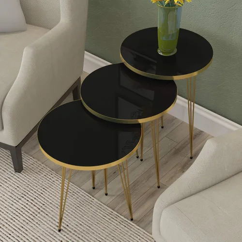 Miniatura 3 de Juego de 3 mesas auxiliares anidables con patas de color negro y dorado de alto brillo, mesa auxiliar apilable de madera con patas de metal