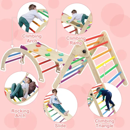 Miniatura 8 de Juego de Triángulo Pikler 5 en 1, Parque Infantil Interior y Gimnasio para Niños, Juego de Escalada Montessori de Madera Plegable Conjunto