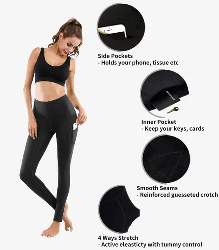 Miniatura 4 de Lingswallow - Pantalones deportivos de tiro alto para yoga, diseño elástico en 4 direcciones con control de abdomen y bolsillos, leggings