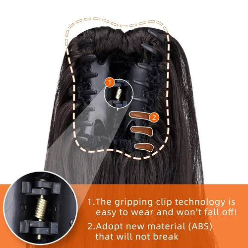 Miniatura 9 de Cola de caballo sintética con clip marrón, cola de caballo falsa de 22 pulgadas, 5.3 onzas, extensiones de cabello negro ondulado, extensiones