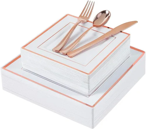 Miniatura 12 de WDF 125 platos negros desechables con borde dorado y cubiertos desechables de plástico dorado para Halloween, 50 platos de graduación, 25 tenedores