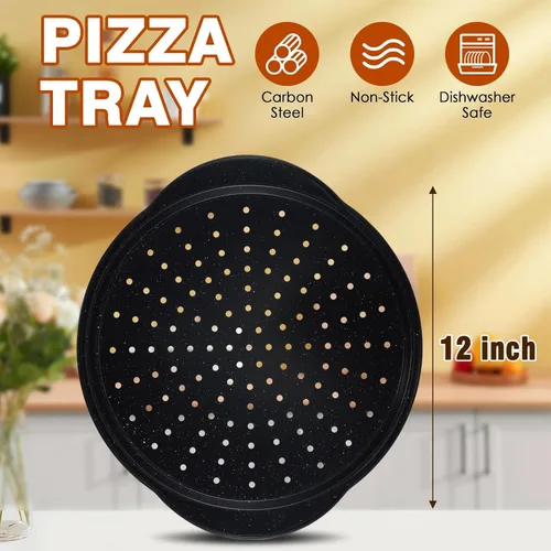 Miniatura 2 de hunnycook 2P sartenes para pizza antiadherentes - Bandeja redonda de pizza de 12" con agujeros y asa, sartén de pizza de acero al carbono