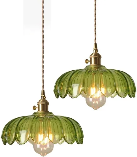 Miniatura 5 de Mid Century Green Pendant Lights, Nordic Retro Full Copper Hanging Pendant Lamp with Flower Shape Glass Shade, 47.2in Adjustable Cord E27/E26