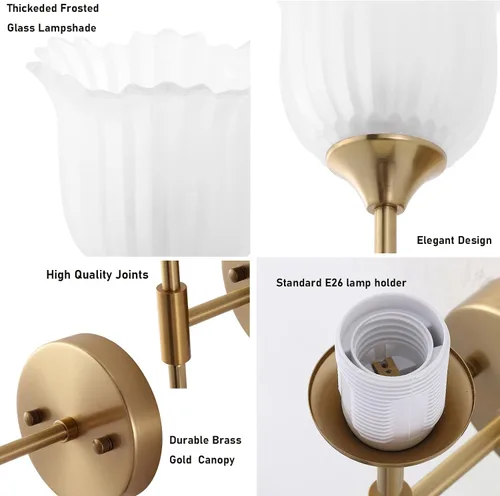 Miniatura 5 de BYOLIIMA Juego de 2 apliques de pared dorados con pantallas de vidrio esmerilado, luminarias modernas de pared para tocador de baño de mediados