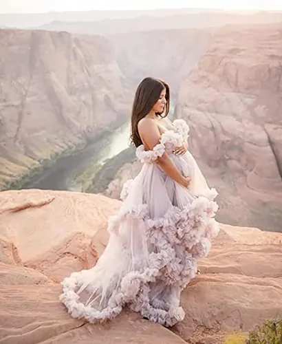 Miniatura 4 de Vestidos de maternidad de tul para sesión de fotos, bata de novia larga transparente con hombros descubiertos, vestidos de embarazo para mujeres