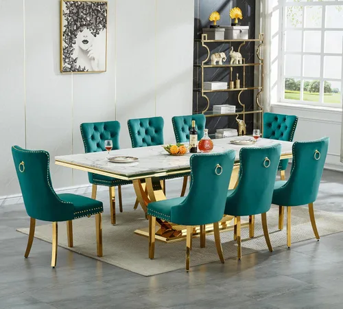 Miniatura 19 de Juego de mesa de comedor grande y moderna de mármol sintético blanco de 94.5 pulgadas, juego de mesa de comedor de 10 piezas con 10 sillas tapizadas