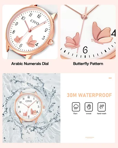 Miniatura 5 de CIVO Reloj de pulsera para mujer, correa de cuero, analógico, de cuarzo, impermeable, de moda, simple, fácil de leer, con exquisito dial de mariposa