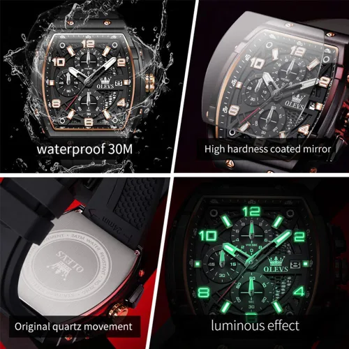Miniatura 9 de OLEVS Reloj para hombre de lujo de cara grande negro relojes de pulsera de silicona cuadrado multifuncional vestido impermeable cronógrafo analógico