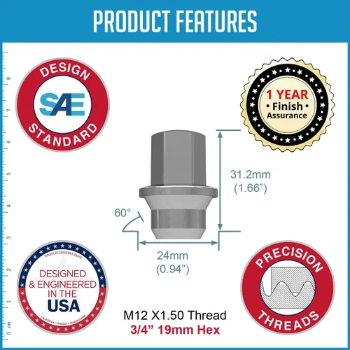 Miniatura 5 de Wheel Accessories Parts 10 tuercas M12x1.5 12x1.5 rosca OEM estilo OEM 1.66 pulgadas de largo cromado 3/4 pulgadas 0.748 in hexagonales