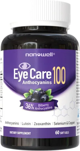 NANOWELL EyeCare Anthocianins 100 - Suplemento de salud ocular con arándano, zeaxantina, luteína, antocianinas, vitamina A, E, selenio y cobre - 60