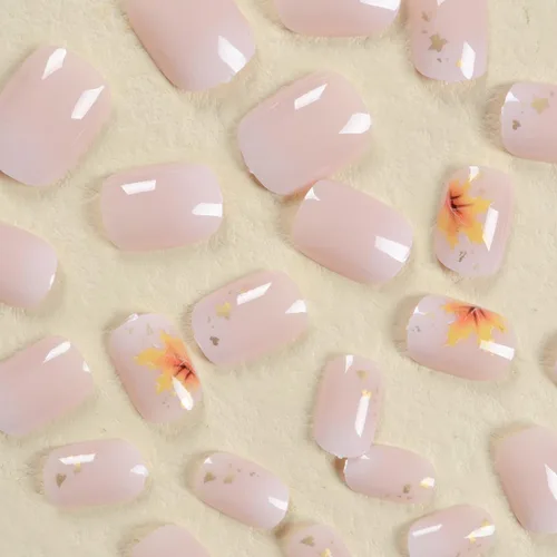 Miniatura 5 de Uñas postizas a presión de otoño con diseño de hoja de arce cortas y cuadradas en estilo francés con degradado - Lindas uñas acrílicas brillantes