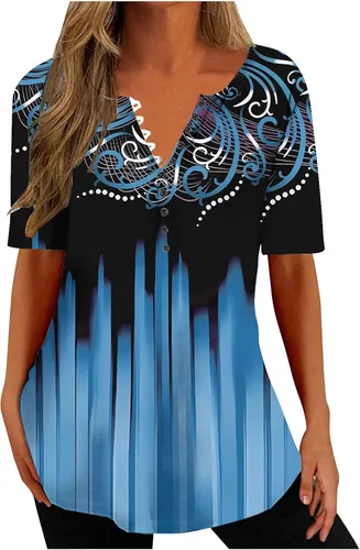 Miniatura 96 de Summer Shirts for Women 2025 Plus Size Short Sleeve Henley Tops Marble Floral Loose Tshirt Tee Casual Dressy Tunics