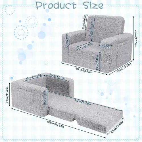Miniatura 3 de SLIGUY Sofá y silla para niños pequeños – Sofá convertible a tumbona, sofá extraíble con funda de sherpa en color gris oscuro Sherpa Gris