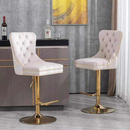 Taburete de bar giratorio con respaldo copetudo, taburetes de bar ajustables en altura de mostrador, ribete de cabeza de clavo, silla de bar Beige +