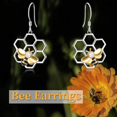 Miniatura 6 de LUHE Aretes de panal con abeja, plata de ley 925, aretes de abeja y colmena para mujer (aretes de abeja)