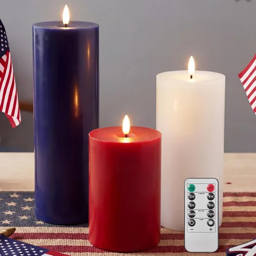 Retisee 3 velas LED sin llama del 4 de julio con control remoto, funciona con pilas, velas patrióticas parpadeantes para interiores y exteriores,