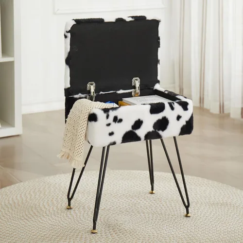 Miniatura 10 de Taburete de tocador, taburete otomano de piel sintética de peluche con patas de metal y pies negros ajustables, silla de maquillaje con Blanco