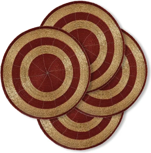 Miniatura 10 de Decozen Juego de 4 Manteles Individuales Redondos con Cuentas, de 14 Pulgadas, Rojos, Hechos a Mano con Cuentas de Vidrio, para Decoración de Mesa